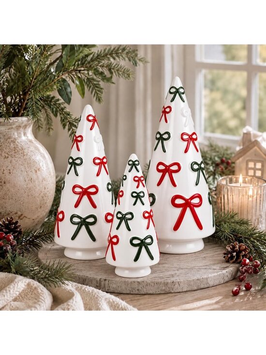 Other - 🎄 3 Pcs Bow White Christmas Ceramic Trees Hand-Painted Bow Tabletop Decor